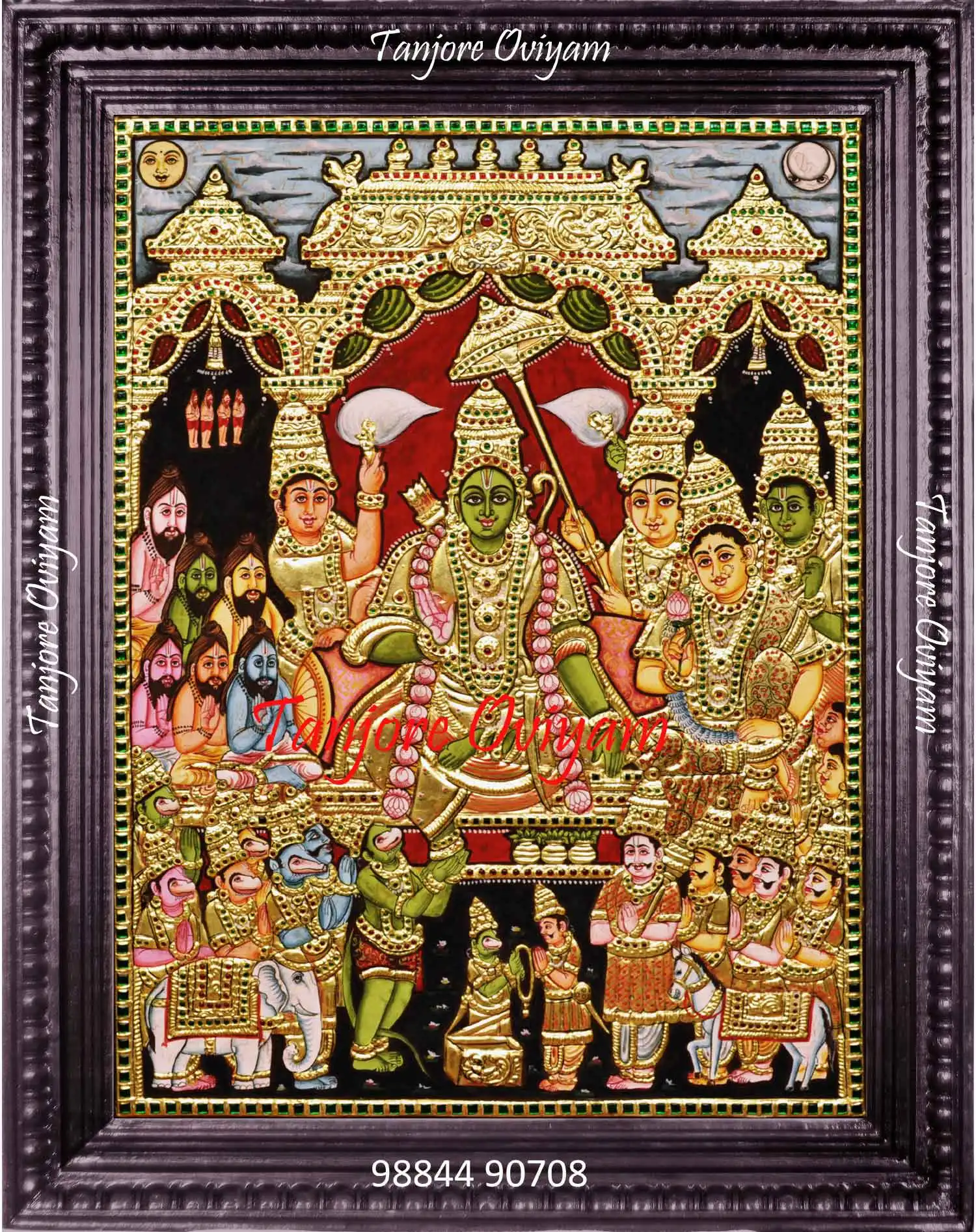 Handcrafted Ramar Pattabishegam Tanjore Painting showing the coronation of Lord Rama with Sita, Lakshmana, Hanuman, and royal attendants in gold foil artwork